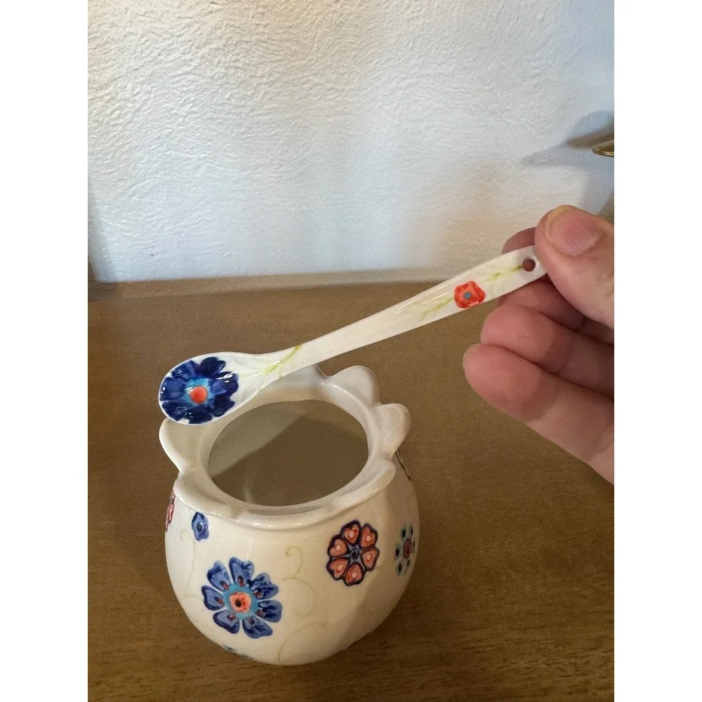Anthropologie Floral Ceramic Sugar Bowl with Spoon NO LID Floral Design‎